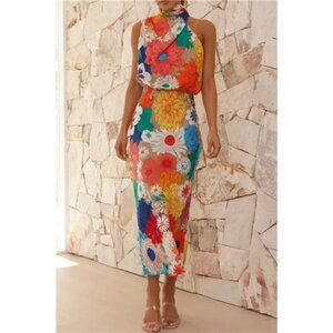 Floral Tied Back Sleeveless Midi Dress